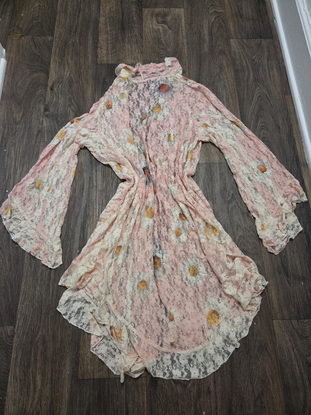 Origami XL Pink/White Floral Lace Ruffle A-Line Dress 3/4 Sleeve Knee Length